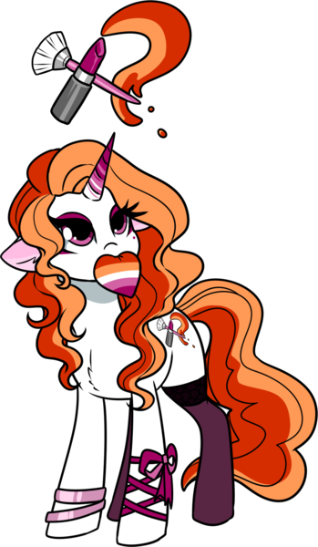 Size: 1098x1889 | Tagged: safe, artist:smilesupsidedown, derpibooru import, oc, oc:lipstick lush, unofficial characters only, pony, unicorn, bracelet, clothes, ear piercing, earring, eyeshadow, female, heart, image, jewelry, lesbian pride flag, makeup, mare, mouth hold, multicolored hair, piercing, png, pride, pride flag, pride pony, simple background, socks, solo, stockings, thigh highs, transparent background