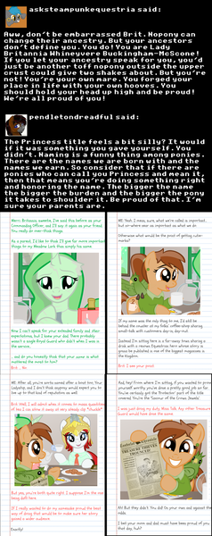 Size: 1280x3222 | Tagged: safe, artist:askbritanniamlp, derpibooru import, oc, oc:britannia, oc:coffee talk, oc:merriweather, bird, parrot, pony, cookie, female, food, image, magic, mare, newspaper, png