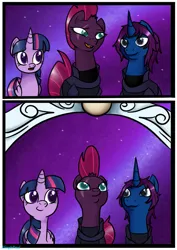 Size: 905x1280 | Tagged: safe, artist:asinglepetal, tempest shadow, twilight sparkle, twilight sparkle (alicorn), oc, oc:thunder glade, alicorn, pony, unicorn, my little pony: the movie, armor, canterlot, comic, commission comic, commission comic:palomino-rick, commissioner:palomino-rick, furaffinity, horn, image, jpeg, mount aris, night, night sky, sky, stars, trio, unicorn oc