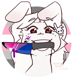 Size: 1662x1777 | Tagged: safe, artist:wintersleptart, derpibooru import, oc, unofficial characters only, pony, asexual pride flag, bisexual pride flag, bunny ears, cheek fluff, commission, demigirl pride flag, ear piercing, heart, heart eyes, image, knife, looking at you, mouth hold, piercing, png, pride, pride flag, pride month, smiling, solo, wingding eyes, ych example, your character here