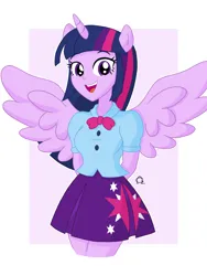 Size: 3120x4160 | Tagged: safe, artist:anglin296, derpibooru import, twilight sparkle, twilight sparkle (alicorn), alicorn, human, equestria girls, arm behind back, blouse, clothes, eared humanization, female, horn, horned humanization, humanized, image, passepartout, png, skirt, solo, winged humanization, wings