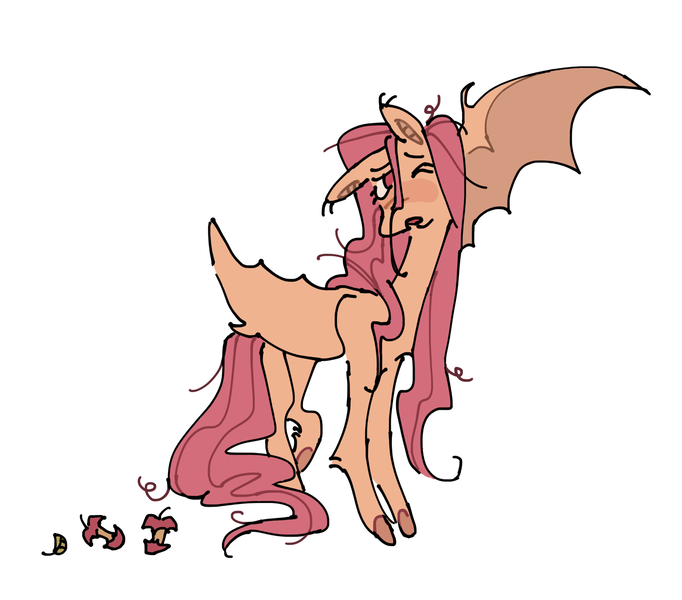 Size: 2048x1802 | Tagged: safe, artist:arrgh-whatever, derpibooru import, fluttershy, bat pony, pony, apple core, bat ponified, colored hooves, flutterbat, image, one eye closed, png, race swap, simple background, solo, white background