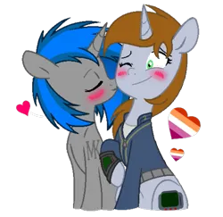 Size: 555x539 | Tagged: safe, artist:mlptmntdisneykauane, derpibooru import, oc, oc:homage, oc:littlepip, fallout equestria, blushing, female, image, kiss on the cheek, kissing, lesbian, lesbian pride flag, oc x oc, pipbuck, pipmage, png, pride, pride flag, shipping