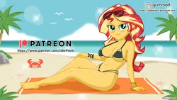 Size: 1066x600 | Tagged: suggestive, artist:jakepixels, derpibooru import, sunset shimmer, human, equestria girls, beach, bikini, blushing, breasts, busty sunset shimmer, clothes, female, gumroad, gumroad logo, image, looking at you, patreon, patreon logo, png, sexy, solo, solo female, stupid sexy sunset shimmer, sunglasses, swimsuit