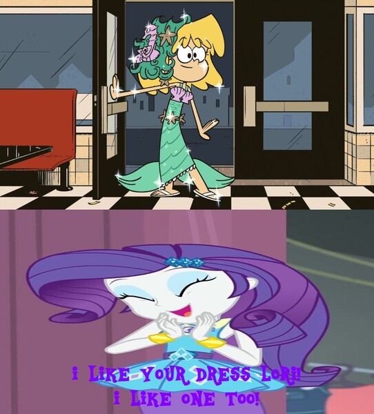 Size: 1005x1112 | Tagged: safe, artist:smbros, derpibooru import, screencap, rarity, human, equestria girls, caption, clothes, crossover, dress, image, image macro, jpeg, lori loud, meme, text, the loud house