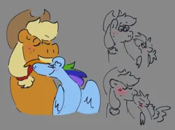 Size: 640x473 | Tagged: safe, artist:tezzbot, derpibooru import, applejack, rainbow dash, earth pony, pegasus, appledash, blushing, female, freckles, image, kissing, lesbian, png, shipping, size difference, sketch
