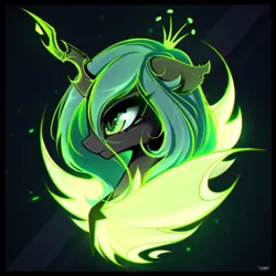 Size: 1800x1800 | Tagged: safe, artist:stahlkat, derpibooru import, queen chrysalis, changeling, changeling queen, bust, female, glow, image, magic, png, portrait, profile, signature, solo