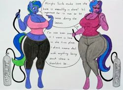 Size: 3708x2721 | Tagged: suggestive, artist:thaliaglacyswells, derpibooru import, oc, oc:felicity stars, oc:scribble script, unofficial characters only, anthro, pegasus, pony, unicorn, series:oversized yoga balls, air tank, breasts, clothes, dialogue, duo, female, image, inflation, jpeg, mare