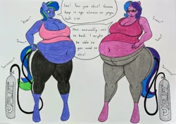 Size: 3780x2682 | Tagged: suggestive, artist:thaliaglacyswells, derpibooru import, oc, oc:felicity stars, oc:scribble script, unofficial characters only, anthro, pegasus, pony, unicorn, series:oversized yoga balls, air tank, belly, belly inflation, big belly, breasts, clothes, dialogue, duo, female, image, inflation, jpeg, mare