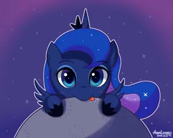 Size: 2000x1600 | Tagged: safe, artist:vanillafox2035, derpibooru import, princess luna, alicorn, pony, :p, blushing, cute, daaaaaaaaaaaw, drool, female, filly, foal, image, looking at you, lunabetes, mare, moon, nom, outline, png, smiling, solo, tangible heavenly object, tongue out, weapons-grade cute, woona, younger