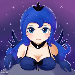 Size: 2000x2000 | Tagged: suggestive, artist:vanillafox2035, derpibooru import, princess luna, human, :p, breast rest, breasts, busty princess luna, cleavage, clothes, evening gloves, female, giantess, gloves, high res, humanized, image, licking, licking lips, long gloves, looking at you, macro, outline, png, signature, solo, tangible heavenly object, tongue out, winged humanization, wings