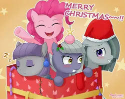 Size: 1900x1500 | Tagged: safe, artist:vanillafox2035, derpibooru import, limestone pie, marble pie, maud pie, pinkie pie, earth pony, pony, blushing, christmas, christmas ornament, cute, decoration, diapinkes, eyes closed, female, floppy ears, gritted teeth, hair over one eye, hat, holiday, holly, image, jpeg, limabetes, marblebetes, maudabetes, merry christmas, onomatopoeia, open mouth, outline, pie sisters, santa hat, siblings, sisters, sleeping, snoring, sound effects, teeth, zzz