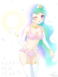 Size: 1500x2000 | Tagged: suggestive, artist:vanillafox2035, derpibooru import, princess celestia, human, :p, adorasexy, belly button, bra, breasts, busty princess celestia, cleavage, clothes, cute, detached sleeves, female, frilly underwear, garter belt, happy new year, holiday, humanized, image, lingerie, looking at you, one eye closed, panties, pink underwear, png, sexy, socks, solo, solo female, sun, thigh highs, tongue out, underwear, wink