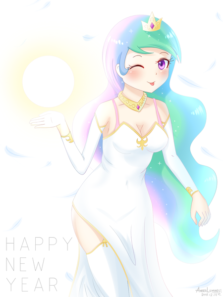 Size: 1500x2000 | Tagged: safe, artist:vanillafox2035, derpibooru import, princess celestia, human, :p, bra, bra strap, breasts, cleavage, clothes, cute, cutelestia, detached sleeves, dress, female, happy new year, holiday, humanized, image, looking at you, one eye closed, pink underwear, png, side slit, socks, solo, strapless, strapless dress, sun, thigh highs, tongue out, underwear, wink