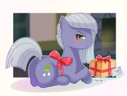 Size: 2000x1500 | Tagged: safe, artist:vanillafox2035, derpibooru import, limestone pie, earth pony, pony, angry, blushing, bow, butt, female, gift wrapped, glare, image, limestonebutt, limetsun pie, looking at you, lying down, mare, outline, passepartout, plot, png, present, prone, raised tail, solo, tail, tsundere