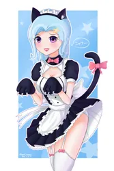 Size: 1600x2400 | Tagged: suggestive, artist:vanillafox2035, derpibooru import, trixie, cat, human, adorasexy, anime, blushing, breasts, cat ears, cat tail, catgirl, cleavage, clothes, cute, cute little fangs, fangs, female, frilly underwear, garter belt, garters, humanized, image, looking at you, maid, open mouth, outline, panties, passepartout, paws, png, sexy, socks, solo, solo female, speech bubble, tail, thigh highs, underwear, white underwear
