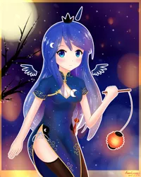 Size: 1600x2000 | Tagged: safe, artist:vanillafox2035, derpibooru import, princess luna, human, breasts, cheongsam, chinese new year, cleavage, clothes, dress, female, floating wings, horn, horned humanization, humanized, image, jpeg, lantern, looking at you, lunar new year, open mouth, outline, paper lantern, side knot underwear, side slit, socks, solo, thigh highs, underwear, white underwear, winged humanization, wings