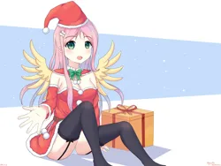 Size: 2400x1800 | Tagged: suggestive, alternate version, artist:vanillafox2035, derpibooru import, fluttershy, human, adorasexy, belt, breasts, busty fluttershy, christmas, cleavage, clothes, costume, cute, female, garter belt, garters, hairpin, high res, holiday, humanized, image, jpeg, looking at you, panties, present, santa costume, sexy, shyabetes, simple background, skirt, skirt lift, socks, solo, solo female, stockings, thigh highs, underwear, upskirt, white background, white underwear, winged humanization, wings