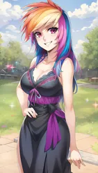 Size: 864x1536 | Tagged: safe, derpibooru import, editor:sammykun, machine learning generated, novelai, stable diffusion, rainbow dash, human, ai content, black dress, breasts, busty rainbow dash, clothes, dress, grass, grin, humanized, image, long dress, long hair, looking at you, png, prompter:sammykun, rainbow dash always dresses in style, request, requested art, sky, smiling, smiling at you, tree, waistband