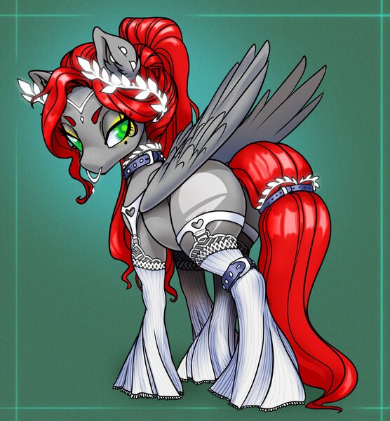 Size: 2447x2639 | Tagged: safe, artist:opalacorn, derpibooru import, oc, oc:void, unofficial characters only, pegasus, pony, butt, clothes, ear piercing, earring, female, image, jewelry, jpeg, laurel, lidded eyes, looking back, mare, nose piercing, nose ring, piercing, plot, rear view, socks, solo, stockings, thigh highs