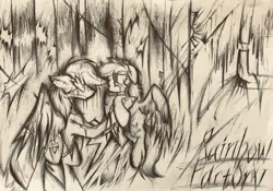 Size: 2191x1537 | Tagged: safe, artist:lydia, derpibooru import, rainbow dash, scootaloo, pegasus, fanfic:rainbow factory, angry, dark, fanfic art, fear, female, image, jpeg, liquid, pencil drawing, rainbow factory dash, scared, shocked, sketch, spread wings, traditional art, wings