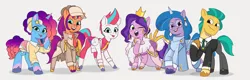 Size: 4742x1514 | Tagged: safe, artist:llish, derpibooru import, hitch trailblazer, izzy moonbow, pipp petals, sunny starscout, zipp storm, earth pony, pegasus, pony, unicorn, g5, my little pony: tell your tale, clothes, crown, dress, female, formal wear, glasses, hat, high res, image, jewelry, male, mane five (g5), mare, misty brightdawn, necktie, png, regalia, simple background, stallion, tongue out, tuxedo