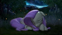 Size: 3840x2160 | Tagged: safe, artist:owlpirate, derpibooru import, fluttershy, firefly (insect), insect, pegasus, pony, 3d, 4k, cute, eyes closed, female, floppy ears, high res, image, lying down, mare, night, png, prone, shyabetes, sleeping, smiling, solo, source filmmaker