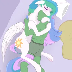 Size: 3000x3000 | Tagged: safe, artist:enonnnymous, derpibooru import, princess celestia, oc, oc:anon, alicorn, human, pony, bed, blushing, chest fluff, duo, female, heart, hug, human on pony snuggling, image, mare, missing accessory, pillow, png, sleeping, snuggling
