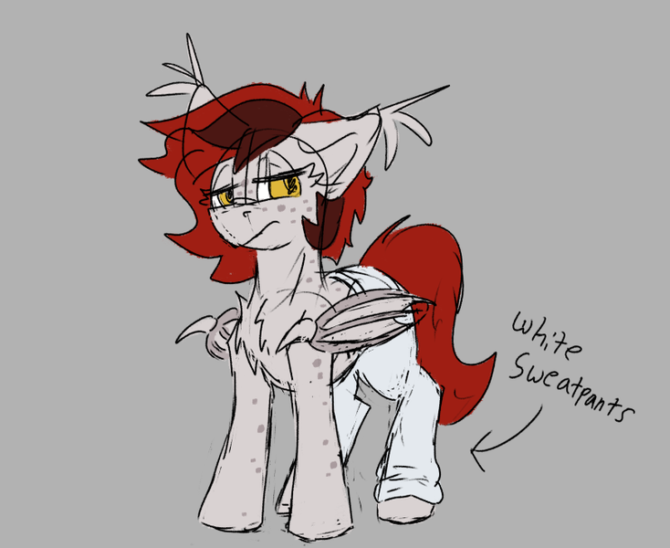 Size: 807x660 | Tagged: safe, artist:reddthebat, derpibooru import, oc, oc:reddthebat, unofficial characters only, bat pony, pony, bat pony oc, bat wings, clothes, female, freckles, frown, gray background, image, lidded eyes, mare, pants, png, simple background, solo, sweatpants, wings