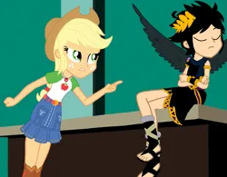 Size: 1387x1080 | Tagged: safe, artist:animatedone, artist:liaaat, derpibooru import, applejack, human, equestria girls, equestria girls series, angel, angelic wings, barely eqg related, base used, black wings, boots, clothes, cowboy hat, crossed arms, crossover, crown, dark pit, equestria girls style, equestria girls-ified, eyes closed, geode of super strength, hat, image, jewelry, kid icarus, kid icarus: uprising, laurel wreath, magical geodes, png, pointing, regalia, sandals, shoes, wings