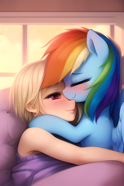 Size: 2048x3072 | Tagged: safe, derpibooru import, machine learning generated, novelai, stable diffusion, rainbow dash, oc, human, pegasus, pony, ai content, blushing, cuddling, cute, duo, eyes closed, female, high res, human female, human on pony snuggling, image, indoors, lesbian, looking at someone, mare, png, prompter:endless--, smiling, snuggling, wings