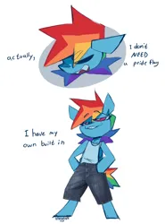 Size: 2200x2966 | Tagged: safe, artist:nekosnicker, derpibooru import, rainbow dash, pony, semi-anthro, 2 panel comic, bipedal, clothes, comic, dialogue, image, jpeg, lidded eyes, open mouth, pride flag, pride month, simple background, solo, white background