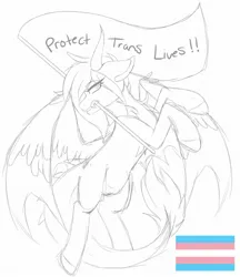 Size: 1772x2048 | Tagged: safe, artist:melodytheartpony, derpibooru import, dracony, dragon, hybrid, bat wings, doodle, fangs, feathered wings, female, feral, flag, horns, image, jpeg, looking at you, pride, pride flag, pride month, signature, simple background, sketch, spread wings, transgender pride flag, white background, wings