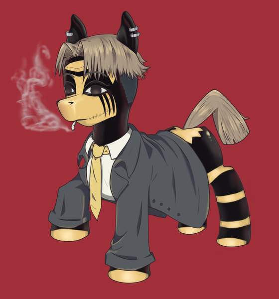 Size: 1044x1119 | Tagged: safe, anonymous artist, derpibooru import, oc, chainsaw man, cigarette, clothes, commission, derpibooru exclusive, ear piercing, image, my little pony, necktie, older, piercing, png, red background, simple background, smoking, suit