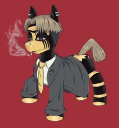 Size: 1044x1119 | Tagged: safe, anonymous artist, derpibooru import, oc, chainsaw man, cigarette, clothes, commission, derpibooru exclusive, ear piercing, image, my little pony, necktie, older, piercing, png, red background, simple background, smoking, suit