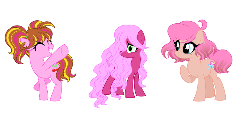 Size: 5840x2728 | Tagged: safe, artist:ocean-drop, derpibooru import, oc, oc:cherry chunga, oc:cotton candy, oc:sweetie pie, unofficial characters only, earth pony, pony, base used, eyes closed, female, grin, hair over one eye, image, offspring, parent:cheese sandwich, parent:pinkie pie, parents:cheesepie, png, siblings, simple background, sisters, smiling, trio, white background