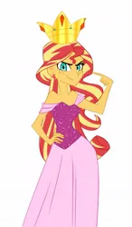 Size: 739x1263 | Tagged: safe, artist:ignoto_delta, derpibooru import, sunset shimmer, human, equestria girls, equestria girls (movie), clothes, crown, dress, female, freckles, image, jewelry, jpeg, looking at you, regalia, simple background, sinister smile, smiling, smiling at you, solo, white background