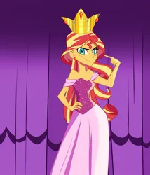 Size: 1088x1271 | Tagged: safe, alternate version, artist:ignoto_delta, derpibooru import, sunset shimmer, human, equestria girls, equestria girls (movie), clothes, crown, curtains, dress, female, freckles, image, jewelry, jpeg, looking at you, regalia, scene interpretation, simple background, sinister smile, smiling, smiling at you, solo