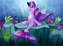 Size: 1191x880 | Tagged: artist needed, safe, derpibooru import, twilight sparkle, twilight sparkle (alicorn), alicorn, mermaid, seapony (g4), my little pony: the movie, bubble, clothes, coral, crepuscular rays, digital art, dorsal fin, eyelashes, female, fin, fin wings, fins, fish tail, flowing mane, flowing tail, horn, image, looking up, ocean, png, purple eyes, rock, scales, seabed, seaponified, seapony twilight, seaweed, see-through, sitting, smiling, species swap, spread wings, sunlight, tail, the little mermaid, underwater, water, wings