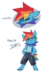 Size: 2200x2966 | Tagged: safe, alternate version, artist:nekosnicker, derpibooru import, rainbow dash, pony, semi-anthro, 2 panel comic, bipedal, clothes, comic, denim, denim shorts, faic, female, hooves on hips, image, mare, png, shorts, simple background, smug, smugdash, solo, white background