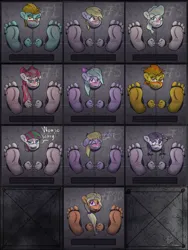 Size: 3000x4000 | Tagged: suggestive, artist:fetishsketches, derpibooru import, angel wings, blossomforth, cloud kicker, derpy hooves, flitter, inky rose, lightning dust, mane allgood, spitfire, vapor trail, anthro, pegasus, plantigrade anthro, :p, blushing, bondage, commission, emanata, eyes closed, feet, fetish, floppy ears, foot fetish, gritted teeth, image, open mouth, open smile, png, smiling, soles, teeth, through wall, toe tied, toes, tongue out, ych result