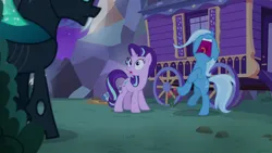 Size: 1280x720 | Tagged: safe, derpibooru import, screencap, starlight glimmer, trixie, pony, unicorn, season 6, to where and back again, animated, duo, duo female, female, floppy ears, freakout, frightened, frown, hoofy-kicks, image, implied thorax, mawshot, nose in the air, open mouth, panic, png, raised leg, scared, screaming, solo, tongue out, trixie's wagon, uvula, volumetric mouth, wagon