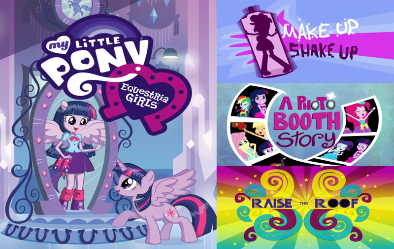 Size: 1484x936 | Tagged: safe, derpibooru import, editor:incredibubbleirishguy, applejack, fluttershy, pinkie pie, rainbow dash, rarity, twilight sparkle, twilight sparkle (alicorn), alicorn, human, a photo booth story, eqg summertime shorts, equestria girls, equestria girls (movie), make up shake up, raise this roof, can, equestria girls 10th anniversary, image, mirror, png, poster, silhouette, title card