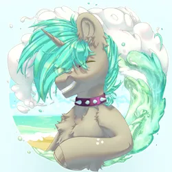 Size: 2500x2500 | Tagged: safe, artist:medkit, derpibooru import, oc, oc:jester jackpot, unofficial characters only, pony, unicorn, accessory, adam's apple, beach, blue mane, breeze, bust, chest fluff, choker, cloud, colored eyebrows, colored eyelashes, colored hooves, colored lineart, colored pupils, complex background, day, ear fluff, ears up, eye clipping through hair, eyebrows, eyebrows down, eyebrows visible through hair, fluffy, freckles, glare, gradient background, gray coat, green eyes, gritted teeth, hair over one eye, heart shaped, high res, hoof fluff, hoof frecles, horizon, horn, horseshoes, icon, image, looking at you, male, multicolored mane, ocean, one eye closed, original art, paint tool sai 2, png, pony oc, portrait, raised hoof, sand, sea foam, short mane, shoulder fluff, sky, smiling, solo, speedpaint, spiked choker, splashes, stallion, sternocleidomastoid, striped mane, summer, sunlight, teeth, three quarter view, two toned coat, two toned mane, unicorn oc, wall of tags, water, wave, wink