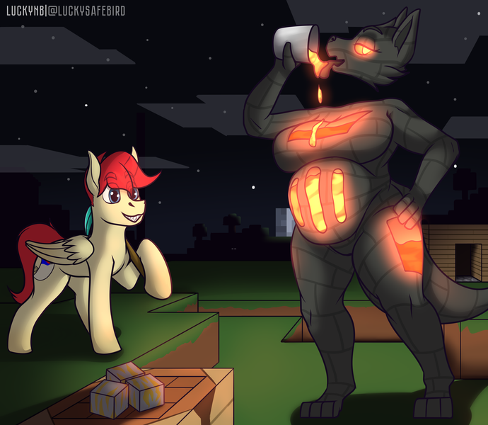 Size: 4600x4000 | Tagged: suggestive, artist:luckynb, derpibooru import, oc, oc:paper cream, unofficial characters only, pegasus, pony, bucket, diamond pickaxe, female, furry, image, male, minecraft, pegasus oc, pickaxe, png, wings