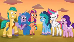 Size: 3072x1727 | Tagged: safe, derpibooru import, screencap, hitch trailblazer, izzy moonbow, pipp petals, sunny starscout, zipp storm, earth pony, pegasus, pony, unicorn, g5, my little pony: tell your tale, spoiler:g5, spoiler:my little pony: tell your tale, spoiler:tyts01e53, as the misty clears, female, grin, image, jpeg, male, mane five (g5), mane stripe sunny, mare, misty brightdawn, open mouth, open smile, royal sisters (g5), siblings, sisters, smiling, stallion
