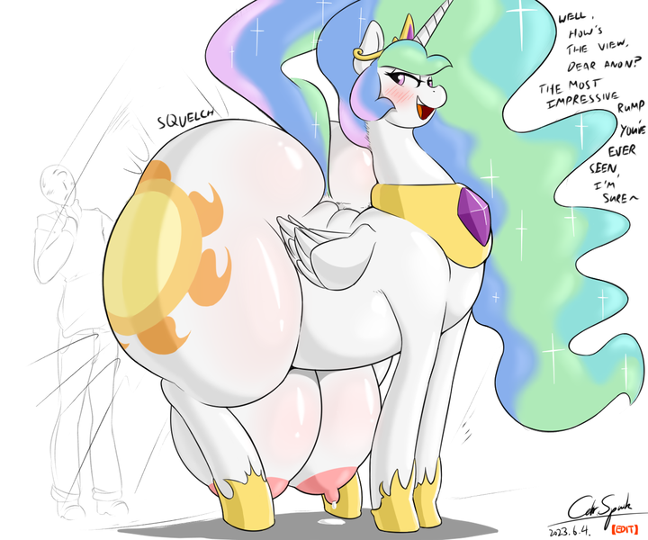 Size: 1200x1000 | Tagged: questionable, artist:cdrspark, artist:sirmasterdufel, color edit, derpibooru import, edit, editor:cdrspark, princess celestia, oc, oc:anon, alicorn, human, pony, against glass, areola, ass worship, bedroom eyes, big crotchboobs, big nipples, blushing, booty had me like, breast milk, butt, chubby, colored, crotchboobs, dialogue, fat, glass, grayscale, huge butt, huge crotchboobs, image, impossibly large butt, impossibly large crotchboobs, lactation, large butt, looking at you, milk, monochrome, nipples, nudity, open mouth, plot, png, presenting, puffy areolas, raised tail, smiling, sunbutt, tail, the ass was fat