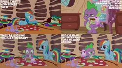 Size: 2000x1125 | Tagged: safe, derpibooru import, edit, edited screencap, editor:quoterific, screencap, rainbow dash, spike, dragon quest, apron, bindle, book, clothes, cup, food, golden oaks library, image, library, png, sandwich, teacup, teapot
