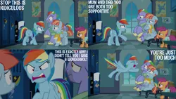Size: 2000x1125 | Tagged: safe, derpibooru import, edit, edited screencap, editor:quoterific, screencap, bow hothoof, rainbow dash, scootaloo, windy whistles, pegasus, pony, parental glideance, angry, bag, camera, female, filly, foal, image, locker room, male, mare, png, saddle bag, stallion