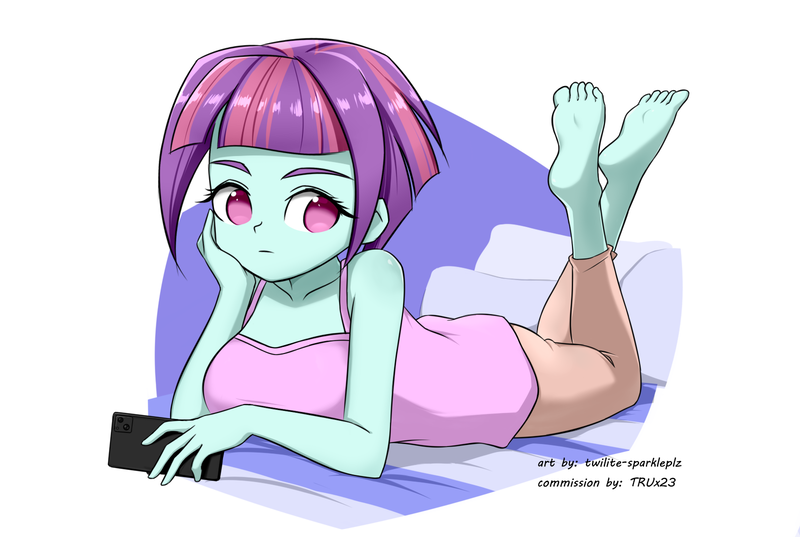 Size: 1600x1074 | Tagged: safe, artist:twilite-sparkleplz, derpibooru import, sunny flare, equestria girls, barefoot, bed, breasts, clothes, feet, female, image, mobile phone, no pupils, pajamas, pants, phone, pillow, png, simple background, smartphone, soles, solo, tanktop, white background